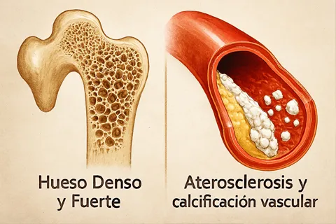 Infografía comparativa: lado izquierdo, hueso denso y fuerte; lado derecho, arteria con depósitos de calcio blanco, representando aterosclerosis y calcificación vascular.