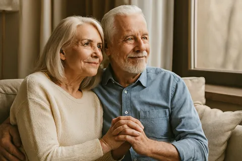 Pareja mayor sentada en un sofá, tomados de la mano, mirando por la ventana con expresión de paz y conexión emocional.