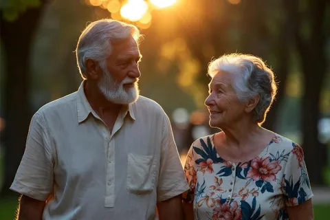 Pareja mayor caminando de la mano en un parque al atardecer, simbolizando conexión, apoyo mutuo y vida plena tras una enfermedad cardíaca.