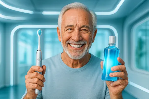 Una persona mayor sonriendo con una dentadura sana, sosteniendo un cepillo de dientes eléctrico y un frasco de enjuague bucal.