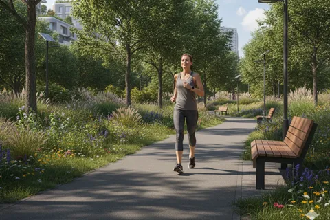 Persona caminando en un parque urbano con árboles, representando la conexión entre salud cardiovascular y entorno natural sostenible.