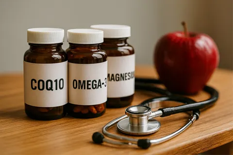 Botellas de suplementos cardiovasculares (CoQ10, omega-3, magnesio) sobre una mesa de madera junto a un estetoscopio y una manzana, simbolizando salud cardíaca integral.