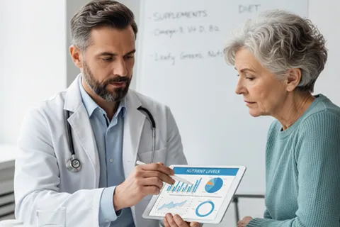 Médico revisando análisis de sangre con un paciente mayor, discutiendo suplementos y niveles de nutrientes.