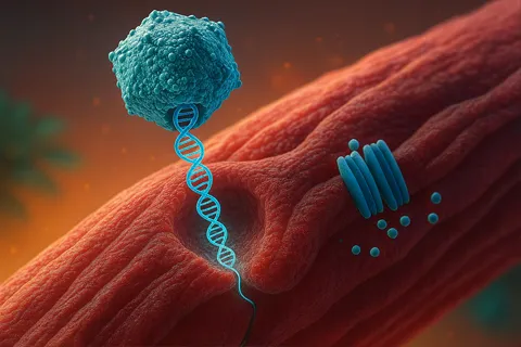 Ilustración microscópica de un vector viral (AAV) entregando material genético a una célula cardíaca para corregir un canal iónico defectuoso.