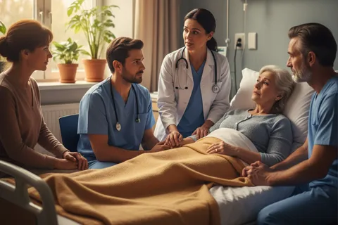 Equipo médico y familiar reunidos alrededor de un paciente en una habitación de hospital, conversando con calma y empatía, representando la comunicación en cuidados paliativos.