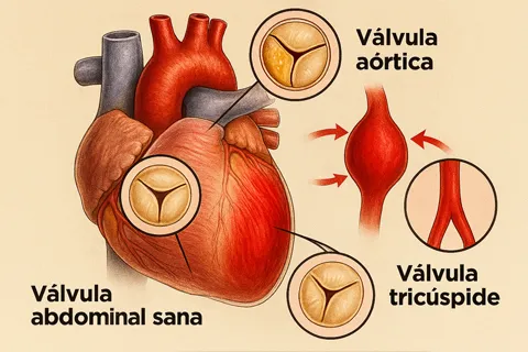 Ilustración anatómica del corazón humano destacando las cuatro válvulas cardíacas: aórtica, mitral, tricúspide y pulmonar.
