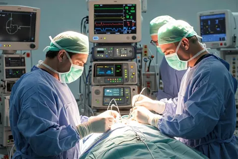 Equipo médico realizando una intervención percutánea de válvula aórtica (TAVI) en quirófano híbrido.