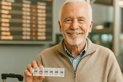 Persona mayor con maleta y pastillero cardíaco sonriendo en aeropuerto, simbolizando viajes seguros con condición cardíaca