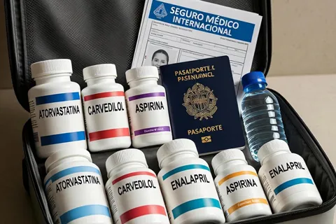 Maleta abierta con medicamentos cardíacos, pasaporte, seguro médico y botella de agua, simbolizando preparación para viaje cardiovascular seguro