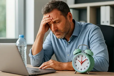 Persona trabajando en una oficina con laptop, mostrando signos de estrés pero con una botella de agua y un reloj de descanso, simbolizando un regreso equilibrado al trabajo tras un evento cardíaco.
