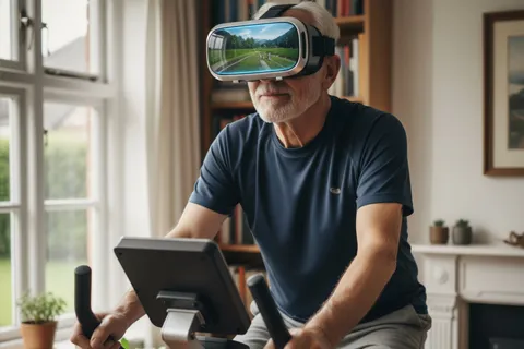 Persona mayor utilizando gafas de realidad virtual mientras realiza pedaleo en una bicicleta estática, con expresión de concentración y bienestar, en un entorno doméstico.