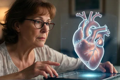 Mujer de mediana edad viendo una proyección 3D holográfica de un corazón latiendo sobre su mesa, usando una tableta con una aplicación de realidad aumentada, en un entorno doméstico.